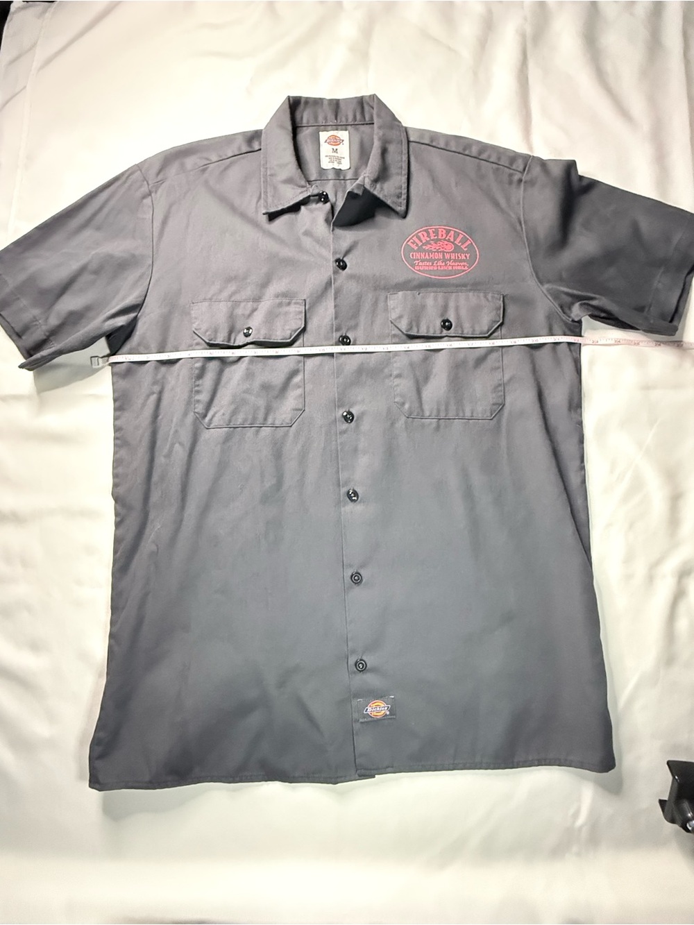 Dickies Gray Short Sleeve Button-Down Work Shirt with Red Fireball Patch